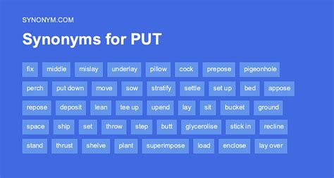 Find 52 different ways to say <b>PUT</b> AWAY, along with antonyms, related words, and example sentences at Thesaurus. . Another word for put